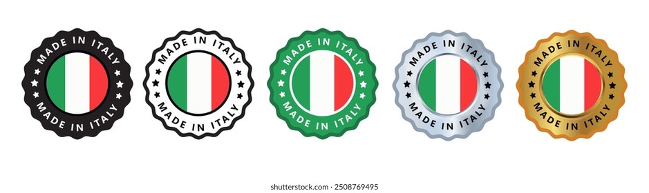 Made in italy set of sign stamp badge, with varian color green, silver, gold, black suitable for products manufactured, military, agriculture or food vector illustration eps editable text
