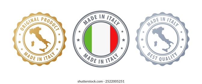 Made in Italy - set of stamps with map and flag. Best quality. Original product. Vector illustration