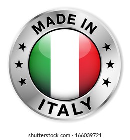 Made in Italy silver badge and icon with central glossy Italian flag symbol and stars. Vector EPS10 illustration isolated on white background.