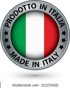 Made in Italy silver label with flag, vector illustration