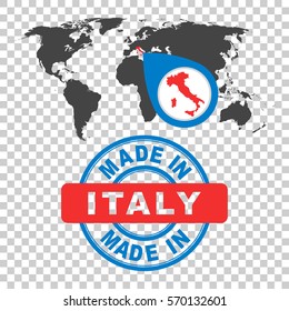 Made in Italy stamp. World map with red country. Vector emblem in flat style on isolated background.