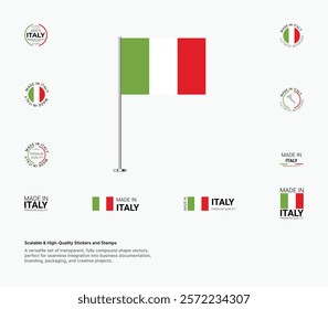 Made in Italy Stamps, Flag, Tags, labels, Seals, Icons. Creative Designs for Branding and Packaging