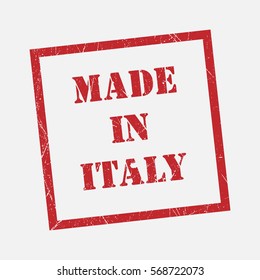 made in Italy text rubber seal stamp watermark. Caption inside rounded rectangular banner with grunge design and dirty texture. Slanted vector ink sticker on paper background.