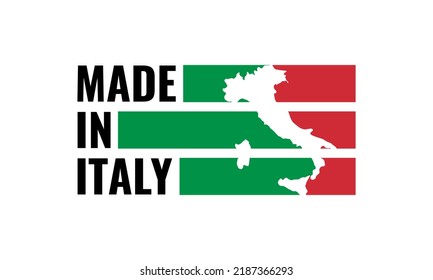 made in italy, vector logo with italian flag colored stripes and country map