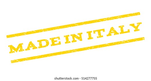 Made In Italy watermark stamp. Text caption between parallel lines with grunge design style. Rubber seal stamp with scratched texture. Vector yellow color ink imprint on a white background.