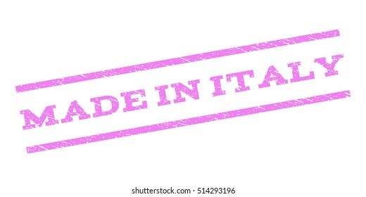 Made In Italy watermark stamp. Text caption between parallel lines with grunge design style. Rubber seal stamp with dust texture. Vector violet color ink imprint on a white background.