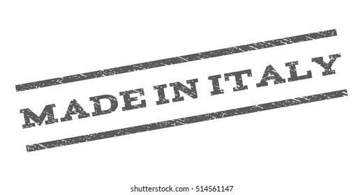 Made In Italy watermark stamp. Text caption between parallel lines with grunge design style. Rubber seal stamp with unclean texture. Vector grey color ink imprint on a white background.