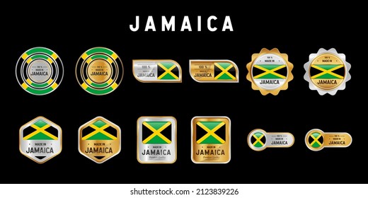 Made in Jamaica Label, Stamp, Badge, or Logo. With The National Flag of Jamaica. On platinum, gold, and silver colors. Premium and Luxury Emblem svg
