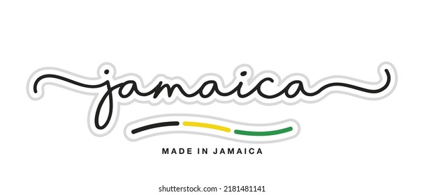 Made in Jamaica, new modern handwritten typography calligraphic logo sticker, abstract Jamaica flag ribbon banner