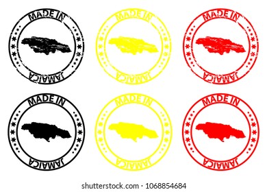 Made in Jamaica - rubber stamp - vector, Jamaica map pattern - black, yellow and red