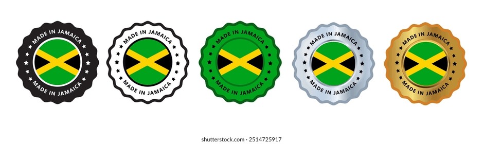 Made in the jamaica set of sign stamp badge, with varian color green, silver, gold, black suitable for products manufactured, military, agriculture or food vector illustration eps editable text