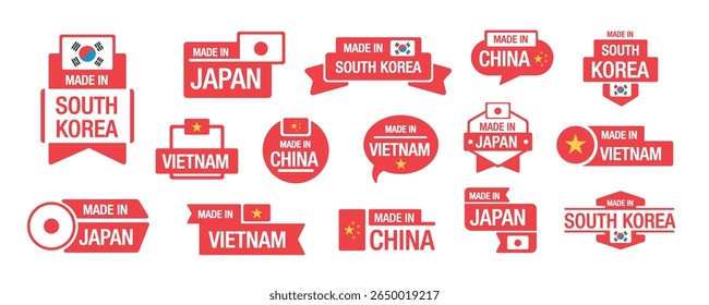 Fabricado no Japão, China, Coreia do Sul, etiquetas do Vietnã. Adesivo de qualidade asiática. Marca de origem etiquetas de embalagem do produto. Feito em emblemas simples japoneses, chineses, vietnamitas, coreanos. Conjunto de vetores.