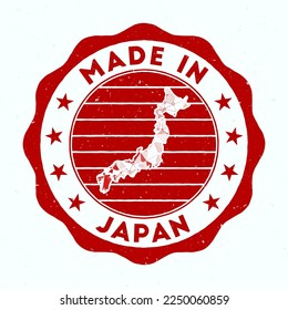 Made In Japan. Country round stamp. Seal of Japan with border shape. Vintage badge with circular text and stars. Vector illustration.