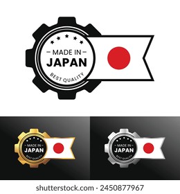 Made in Japan with gear and flag design. For banner, stamp, sticker, icon, logo, symbol, label, badge, seal, sign. Vector Illustration