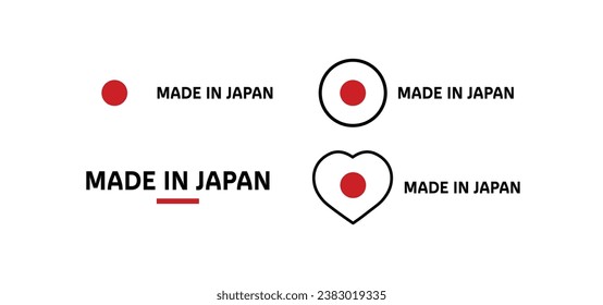 Iconos hechos en Japón. Plano, color, emblemas hechos en Japón, hechos en la bandera de Japón, corazón. Iconos del vector