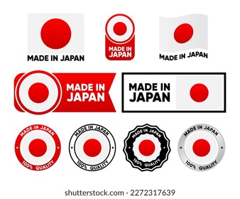 Made in Japan label collection. Set of flat isolated stamp made in Japan. 100 percent quality. Quality assurance concept. Vector illustration.