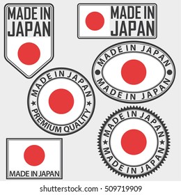 Made in Japan label set with flag, vector illustration