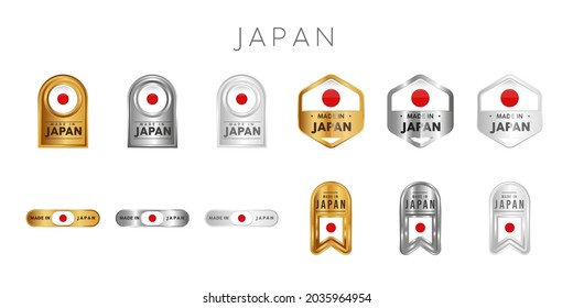 Made in Japan Label, Stamp, Badge, or Logo. With The National Flag of Japan. On platinum, gold, and silver colors. Premium and Luxury Emblem