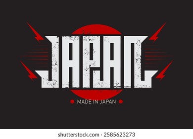 Made in Japan. Label or t-shirt print. Original lettering with grunge effect and red sun on dark background.