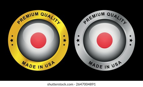 Made in Japan premium quality round badges with gold and silver metallic borders and red dot national flag inside	
