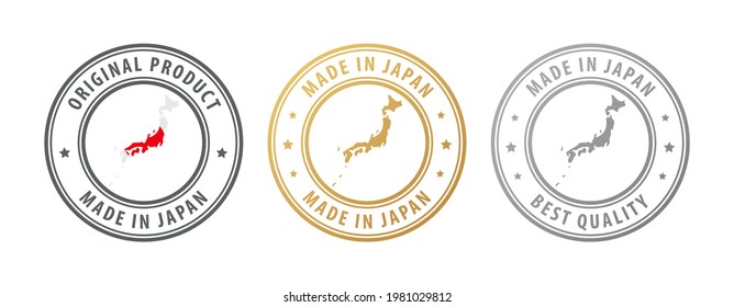 Made in Japan - set of stamps with map and flag. Best quality. Original product. Vector illustration