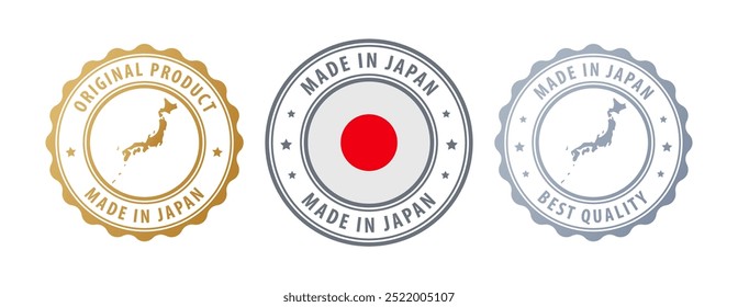Hecho en Japón - conjunto de sellos con mapa y bandera. La mejor calidad. Producto original. Ilustración vectorial