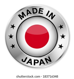 Made in Japan silver badge and icon with central glossy Japanese flag symbol and stars. Vector EPS 10 illustration isolated on white background.