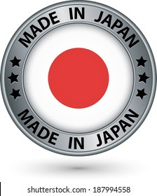 Made in Japan silver label with flag, vector illustration