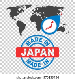 Made in Japan stamp. World map with red country. Vector emblem in flat style on isolated background.