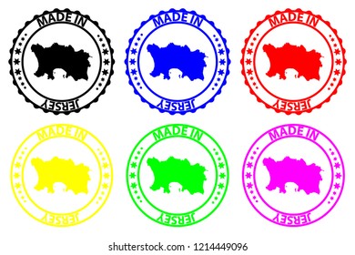 Made in Jersey - rubber stamp - vector, Jersey map pattern - black, blue, green, yellow, purple and red
