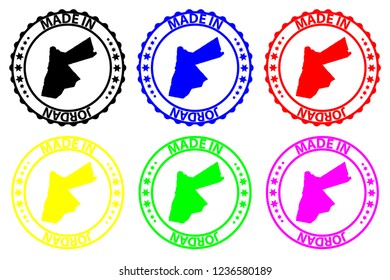 Made in Jordan - rubber stamp - vector, The Hashemite Kingdom of Jordan map pattern - black, blue, green, yellow, purple and red
