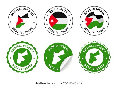 Made in Jordan - conjunto de etiquetas, selos, distintivos, com o mapa e bandeira do Jordão. Melhor qualidade. Produto original. Ilustração vetorial