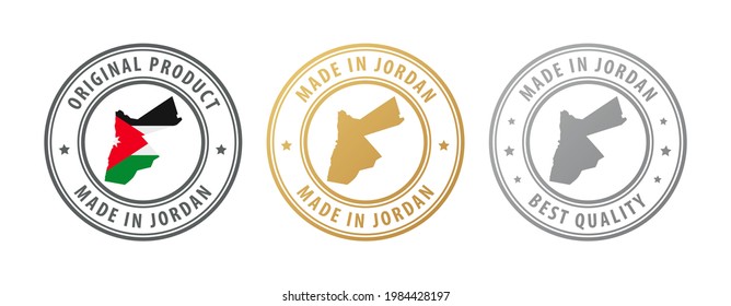 Made in Jordan - set of stamps with map and flag. Best quality. Original product. Vector illustration