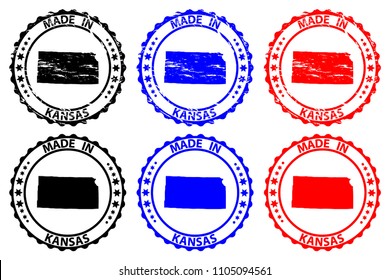 Made in Kansas - rubber stamp - vector, Kansas (United States of America) map pattern - black, blue  and red