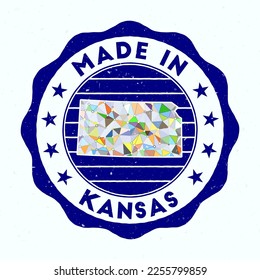 Made In Kansas. Us state round stamp. Seal of Kansas with border shape. Vintage badge with circular text and stars. Vector illustration.