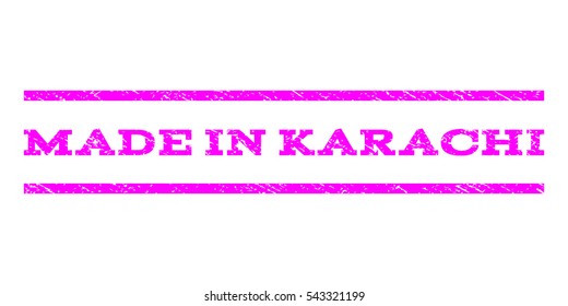 Made In Karachi watermark stamp. Text tag between horizontal parallel lines with grunge design style. Rubber seal stamp with dust texture. Vector magenta color ink imprint on a white background.