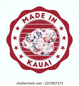 Made In Kauai. Island round stamp. Seal of Kauai with border shape. Vintage badge with circular text and stars. Vector illustration.
