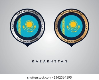 Feito no Cazaquistão. etiquetas, adesivos, ponteiro, crachá e símbolo do ícone da bandeira do Cazaquistão. Ilustração de vetor de coleção