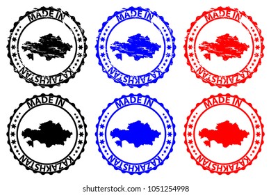 Made in Kazakhstan - rubber stamp - vector, Kazakhstan map pattern - black, blue and red