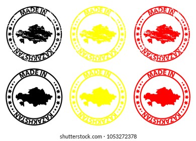 Made in Kazakhstan - rubber stamp - vector, Kazakhstan map pattern - black, yellow and red