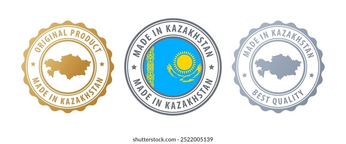 Made in Kazakhstan - set of stamps with map and flag. Best quality. Original product. Vector illustration