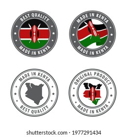 Made in Kenya - conjunto de etiquetas, selos, distintivos, com o mapa e bandeira do Quênia. Melhor qualidade. Produto original. Ilustração vetorial