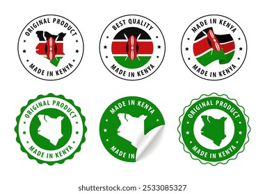 Made in Kenya - Reihe von Etiketten, Briefmarken, Abzeichen, mit der Kenia-Karte und Flagge. Beste Qualität. Originalprodukt. Vektorgrafik