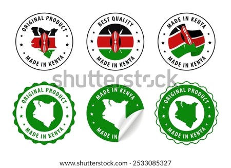 Made in Kenya - set of labels, stamps, badges, with the Kenya map and flag. Best quality. Original product. Vector illustration