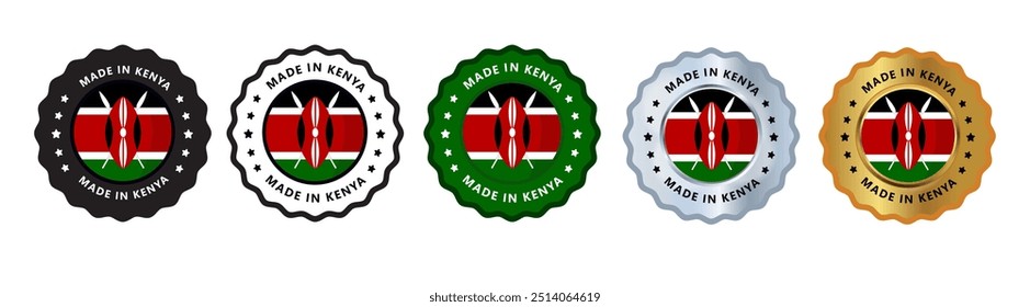 Made in kenya set of sign stamp badge, with varian color green, silver, gold, black suitable for products manufactured, military, agriculture or food vector illustration eps editable text