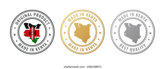 Made in Kenya - set of stamps with map and flag. Best quality. Original product. Vector illustration