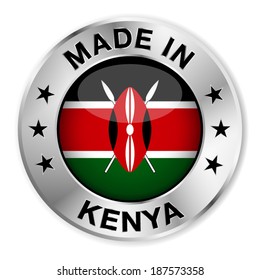 Made in Kenya silver badge and icon with central glossy Kenyan flag symbol and stars. Vector EPS 10 illustration isolated on white background.