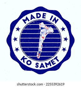 Made in Ko Samet. Island round stamp. Seal of Ko Samet with border shape. Vintage badge with circular text and stars. Vector illustration.