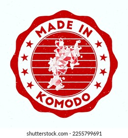 Made in Komodo. Island round stamp. Seal of Komodo with border shape. Vintage badge with circular text and stars. Vector illustration.