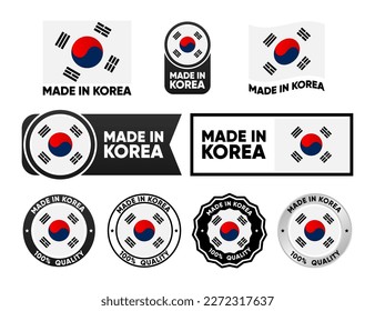 Made in Korea label collection. Set of flat isolated stamp made in Korea. 100 percent quality. Quality assurance concept. Vector illustration.